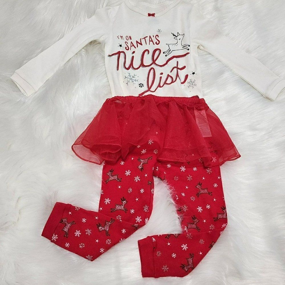 NWOT‎ Carter's Toddler Girl 12 Mths Santa's Nice list Pajama Tutu set Red White